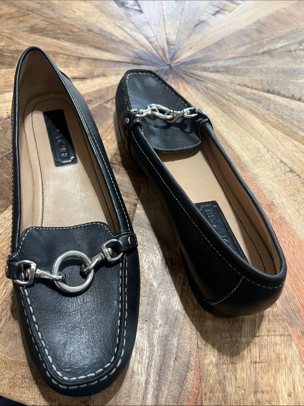 Coach Black Leather Slip-On Loafers with Silver Hardware